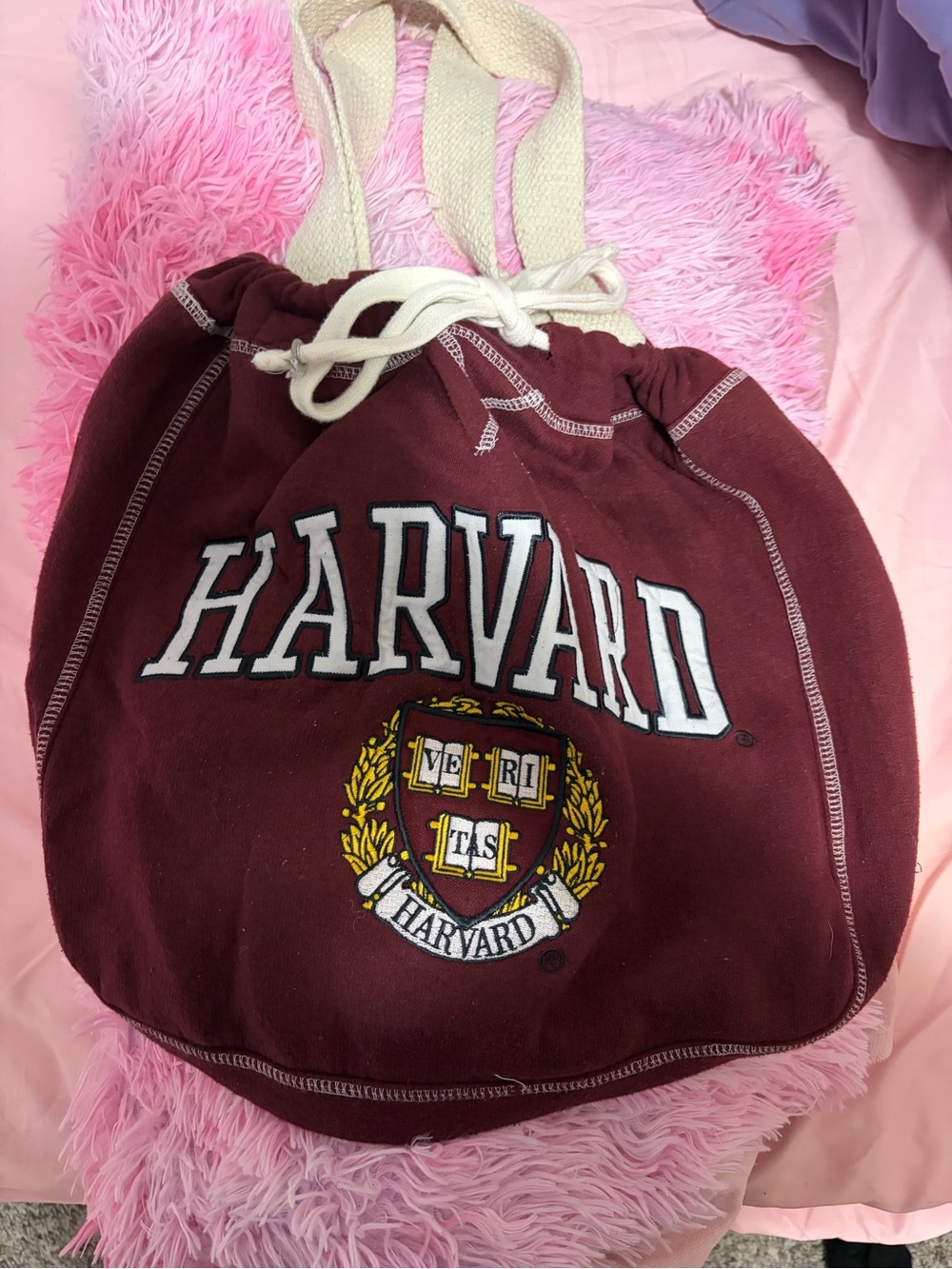 Harvard Tote Bag. Maroon Drawstring Tote Bag w/Crest. For books, laptops, etc.